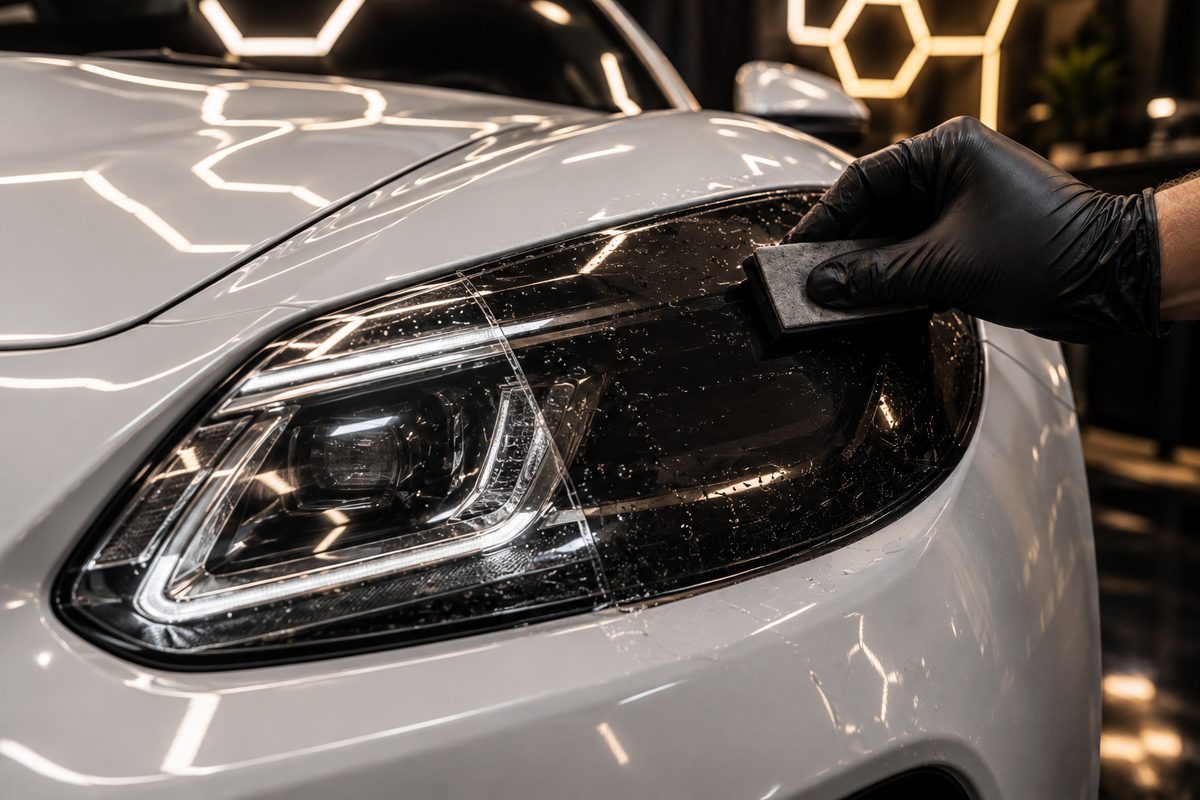 Película fumê sendo aplicada sobre o farol de um carro branco, metade escura e metade transparente