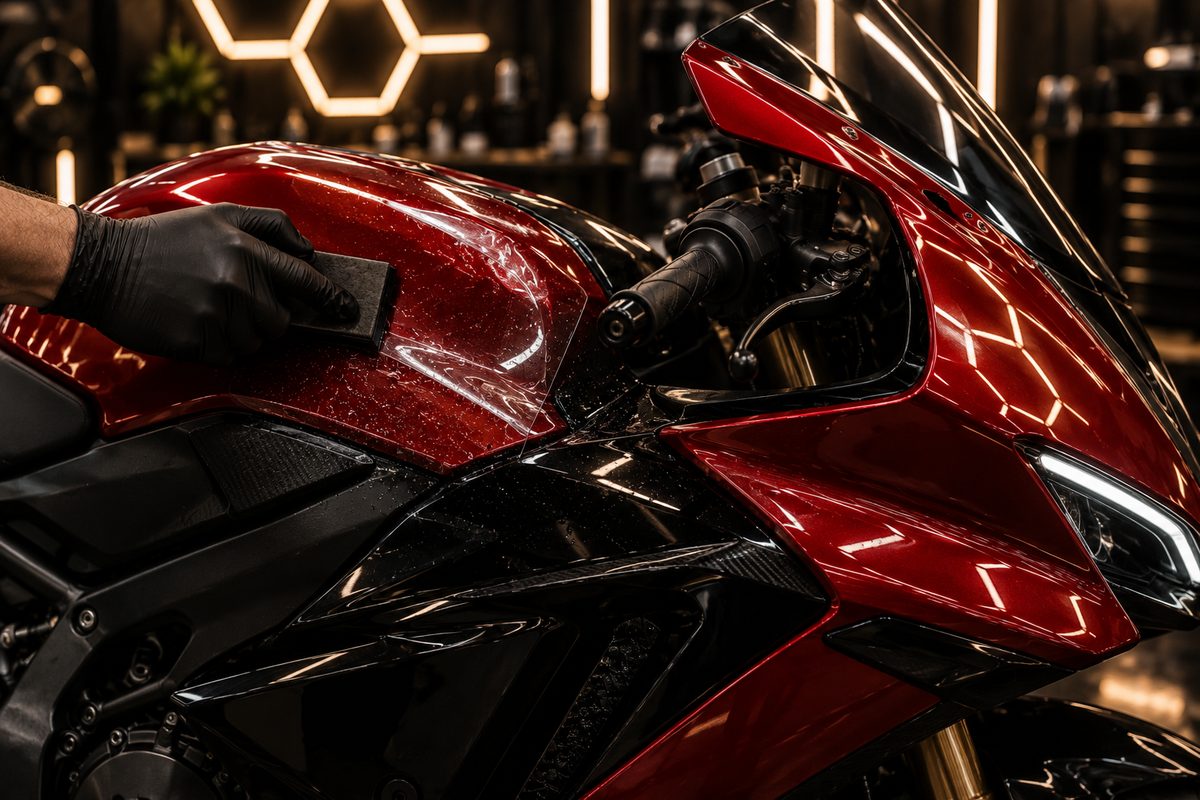 Película transparente sendo aplicada no tanque de uma moto esportiva vermelha