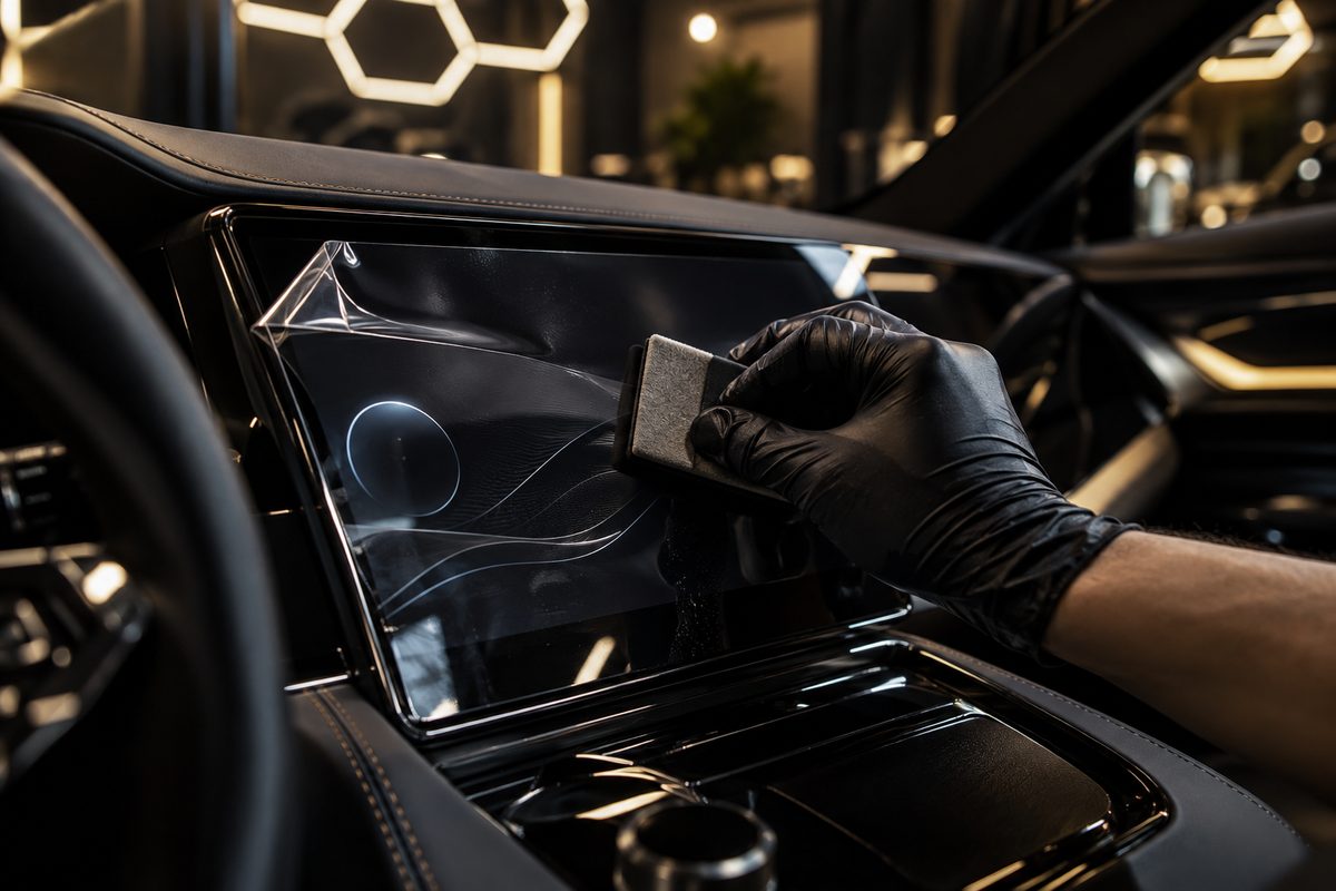 Detalhista aplicando película transparente na tela multimídia de um carro