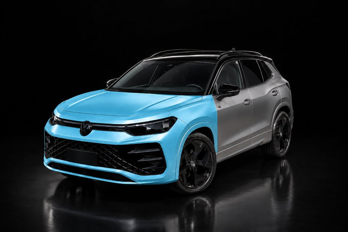 Tiguan com capô, para-choque e para-lamas dianteiros destacados em azul