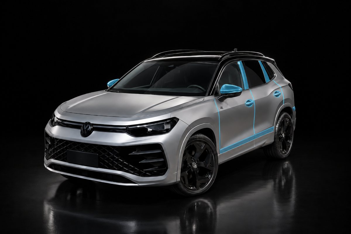 Tiguan com retrovisores, maçanetas, colunas e soleiras destacados em azul